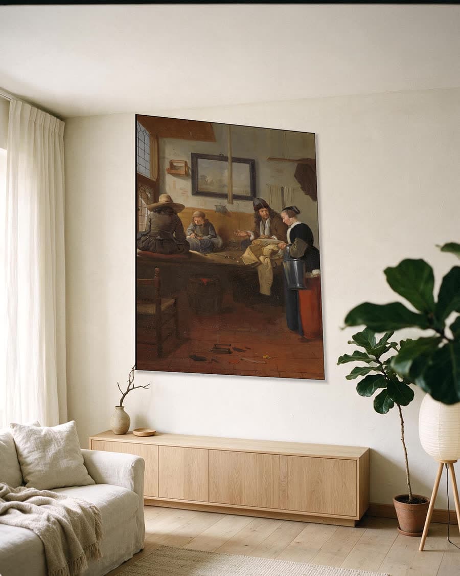 De werkplaats van de kleermaker in een aluminium frame aan dezelfde muur