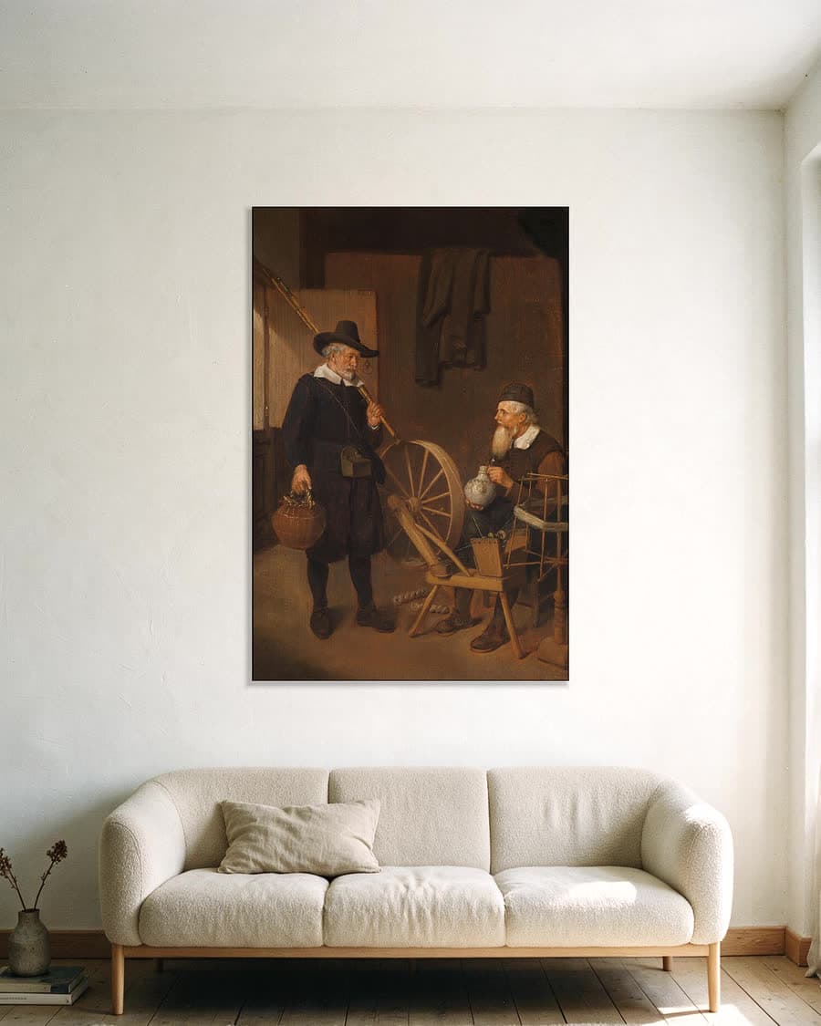 Interieur met hengelaar en man bij spoelrad en haspel in een aluminium frame aan dezelfde muur