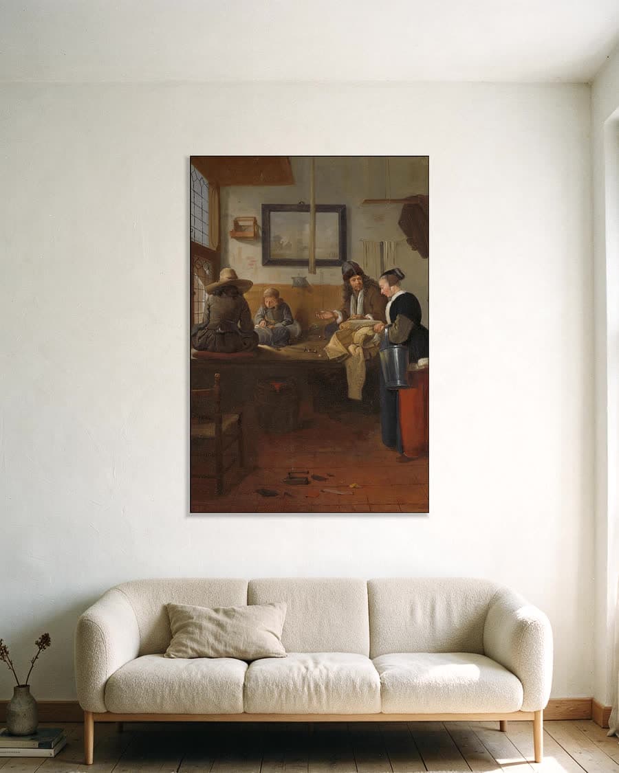 De werkplaats van de kleermaker in een aluminium frame aan dezelfde muur
