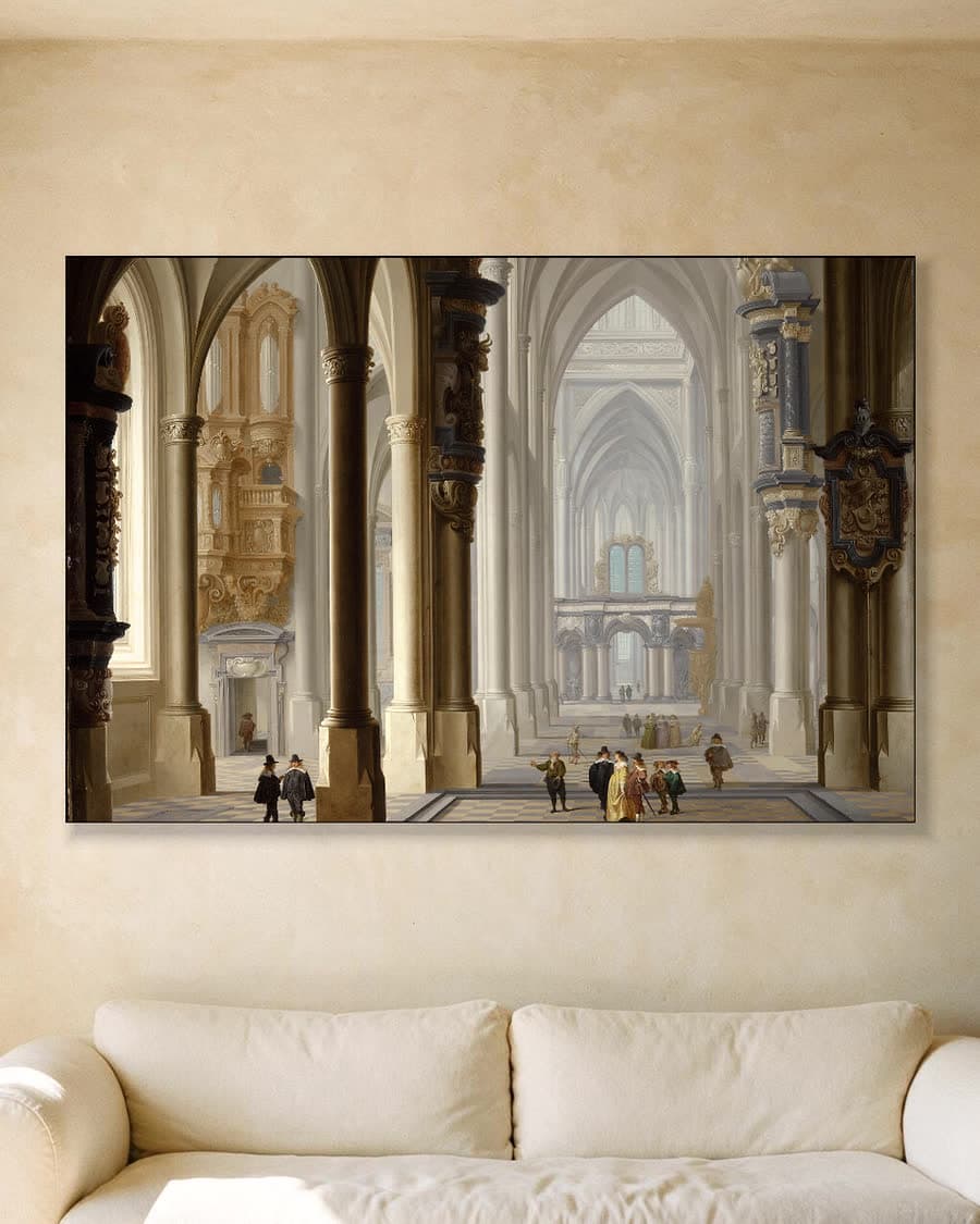 Interieur van een gotische kerk in een aluminium frame aan dezelfde muur