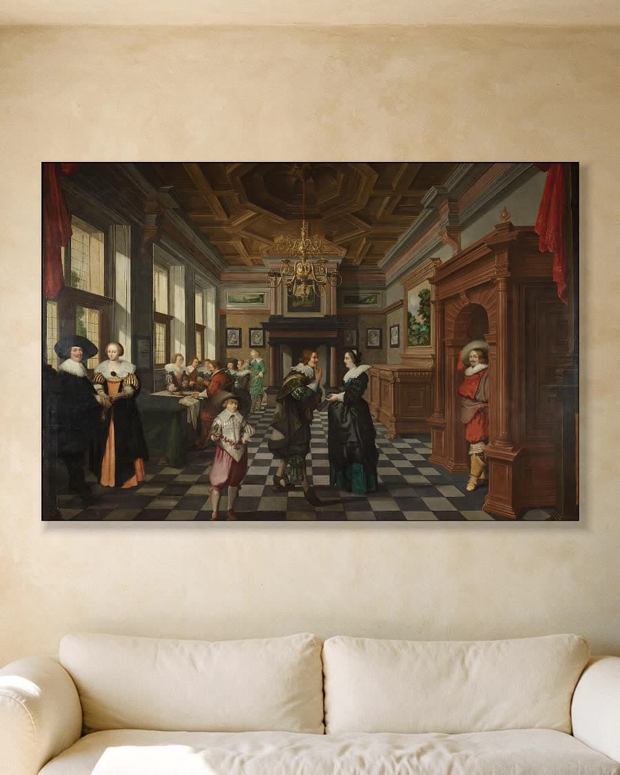 Interieur, deel van een decoratieve reeks in een aluminium frame aan dezelfde muur