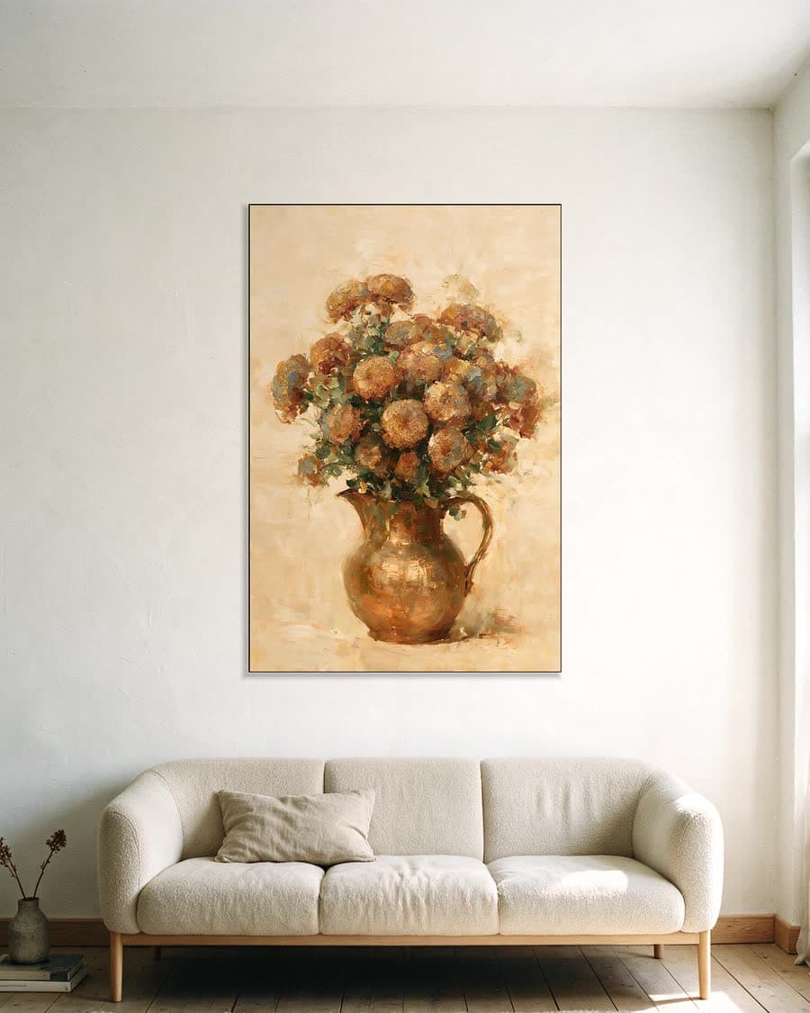 Chrysanten in brons in een aluminium frame aan dezelfde muur