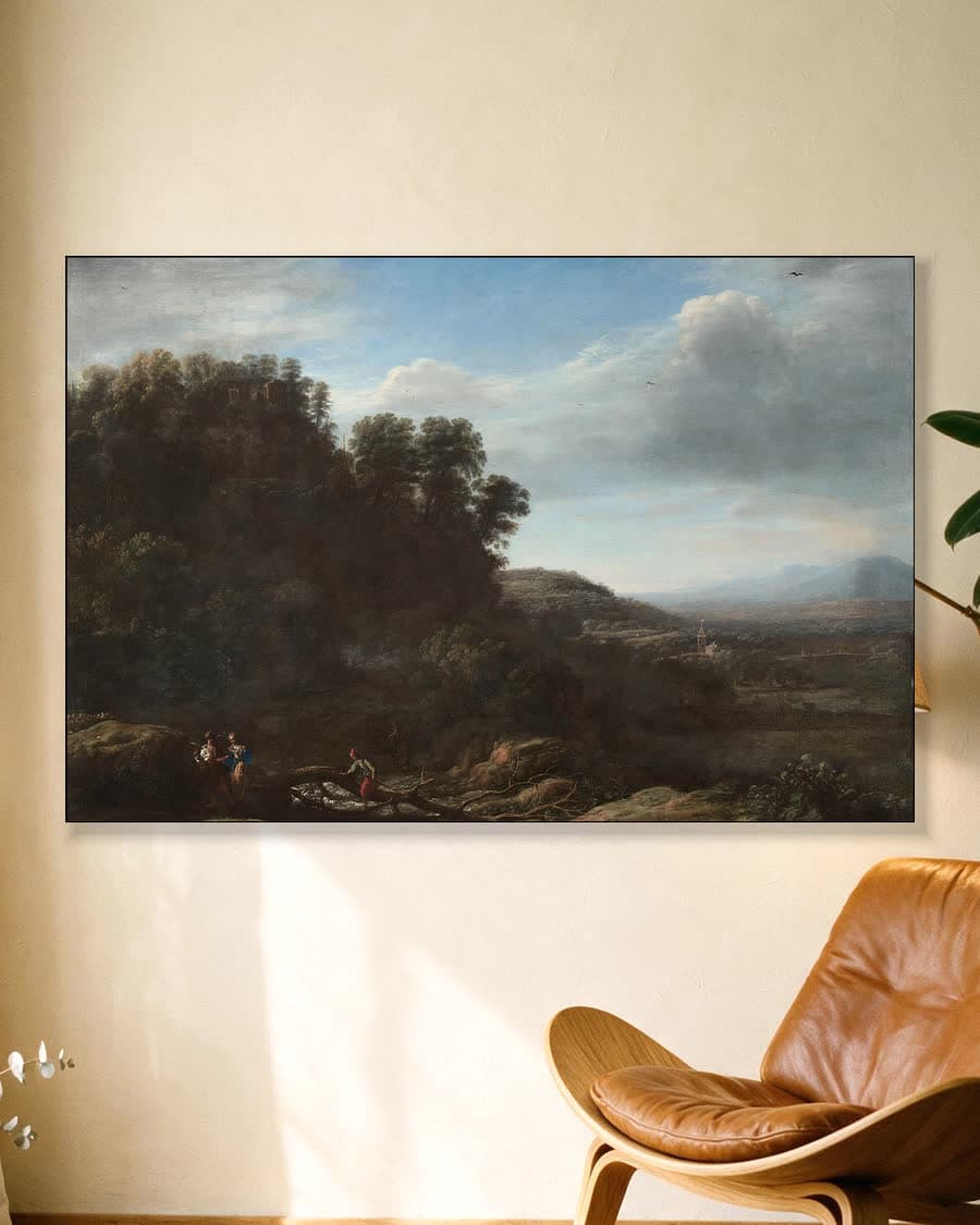 Italiaans landschap in een aluminium frame aan dezelfde muur