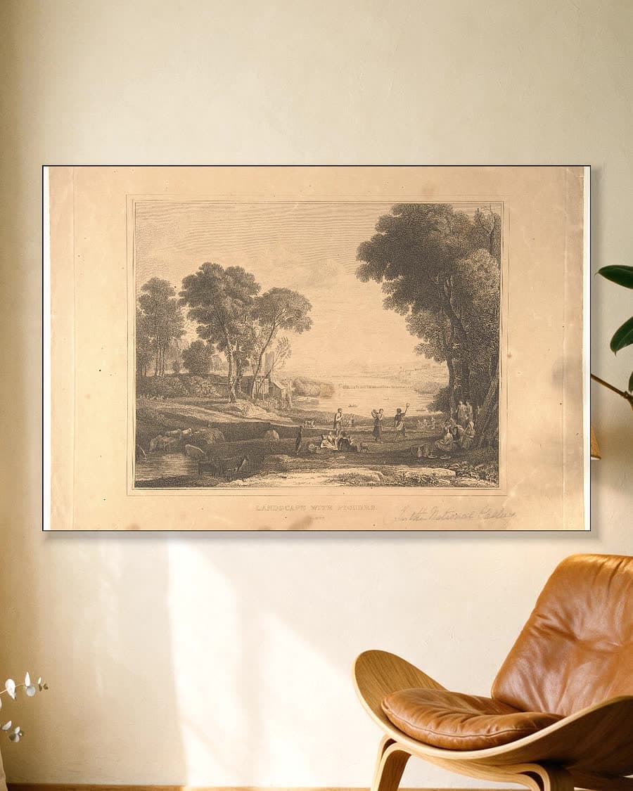 Landschap met het huwelijk van Izaäk en Rebecca in een aluminium frame aan dezelfde muur