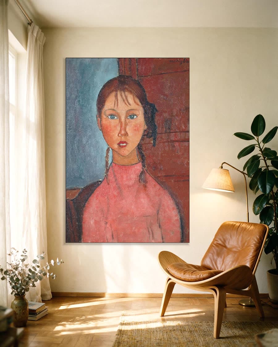 Italiaans meisje met vlechten in een aluminium frame aan dezelfde muur