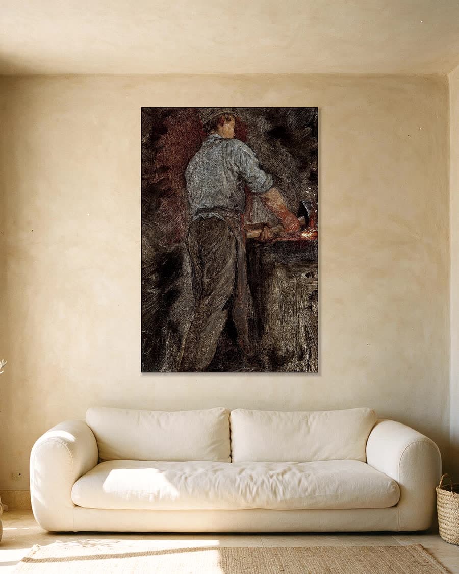Een smid, van achteren gezien in een aluminium frame aan dezelfde muur
