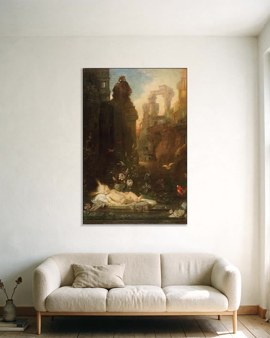 De kleine Mozes in een aluminium frame aan dezelfde muur