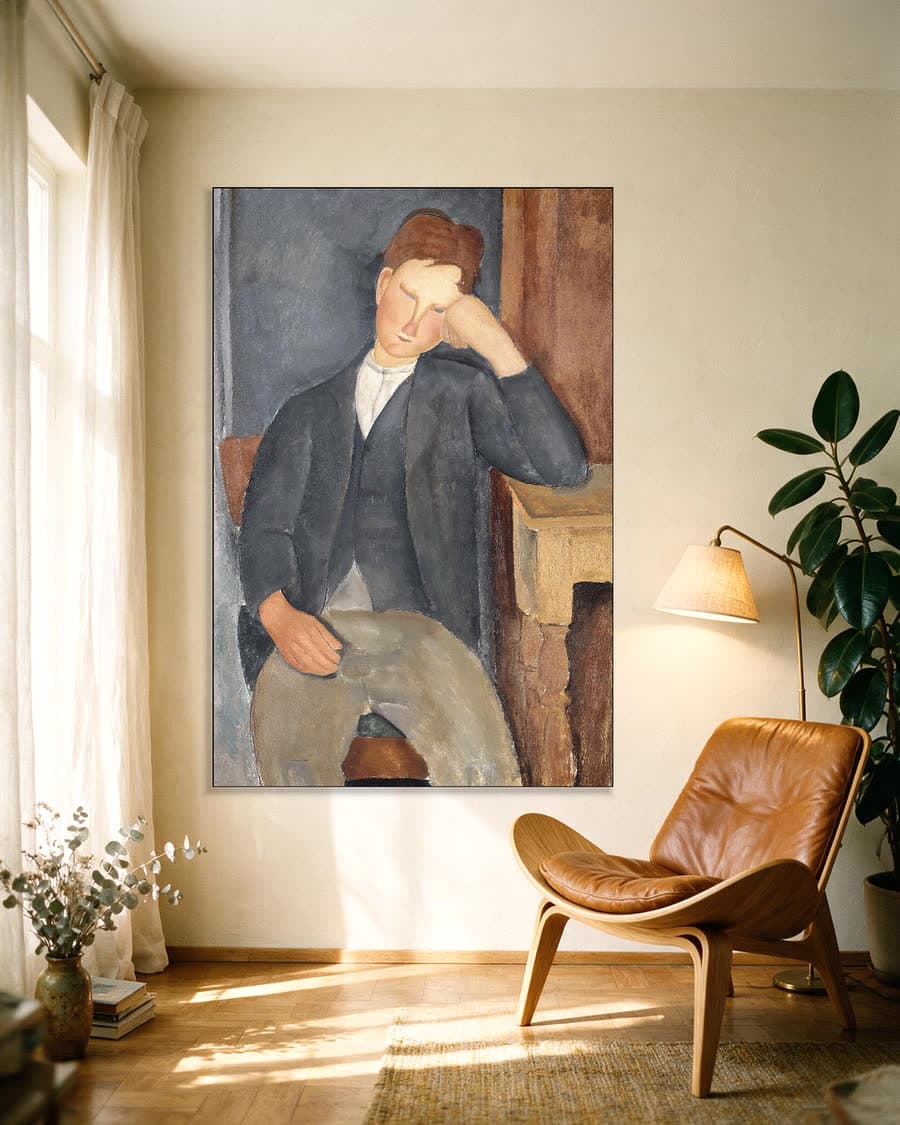De jonge leerling in een aluminium frame aan dezelfde muur