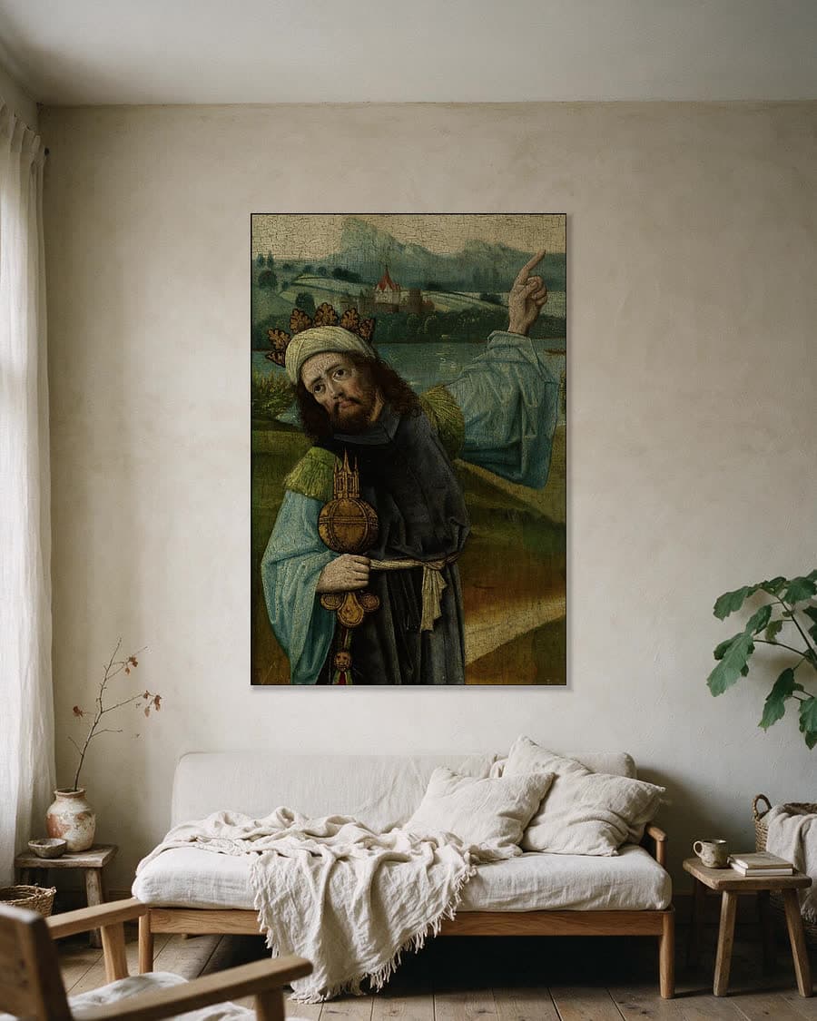 Caspar of Melchior, een van de Drie Koningen in een aluminium frame aan dezelfde muur