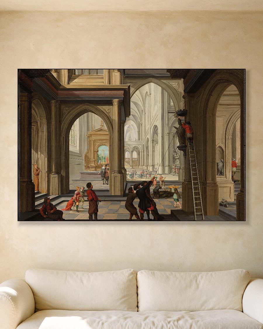 Beeldenstorm in een kerk in een aluminium frame aan dezelfde muur