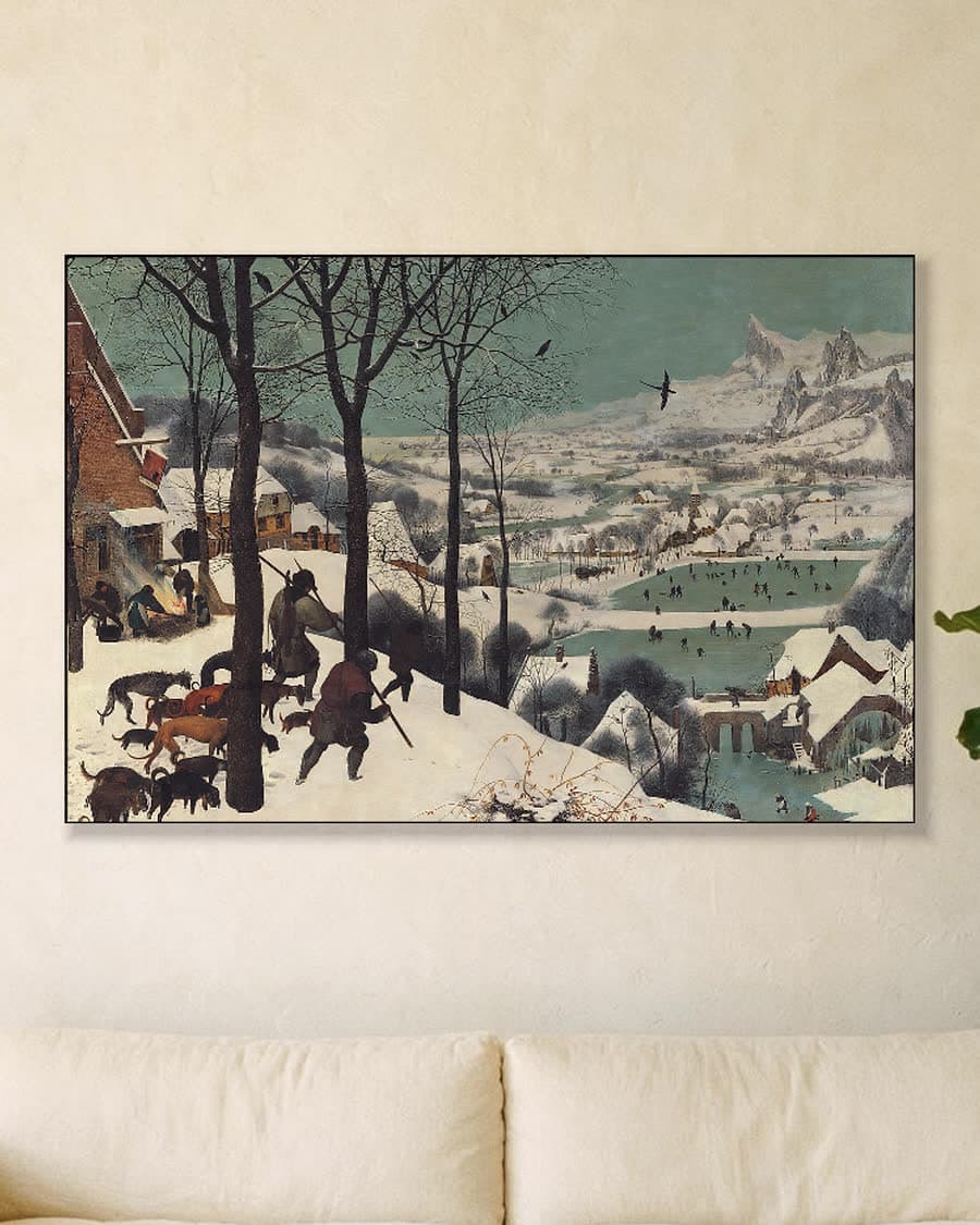 Jagers in de sneeuw in een aluminium frame aan dezelfde muur