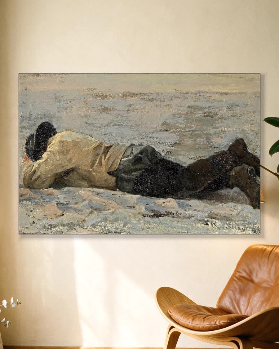 Visser liggend in het zand in een aluminium frame aan dezelfde muur