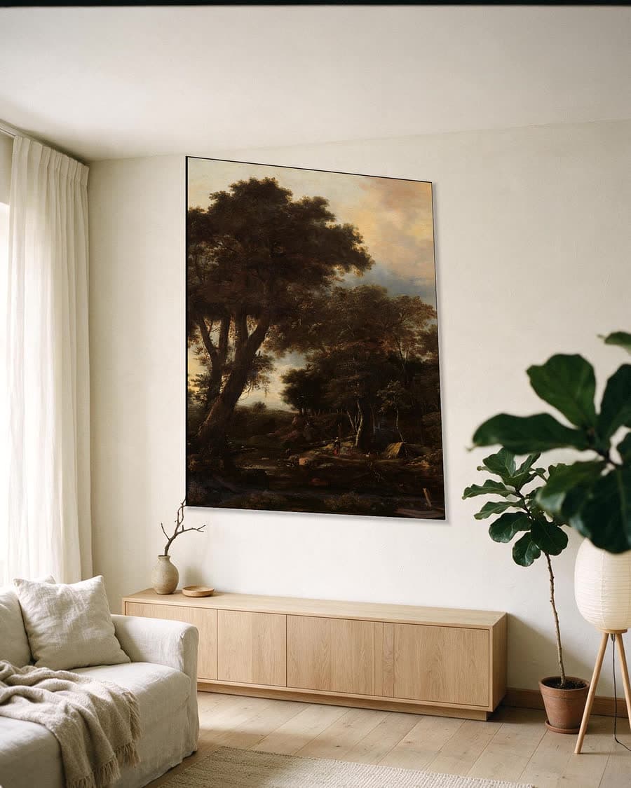 Boslandschap met hut in een aluminium frame aan dezelfde muur
