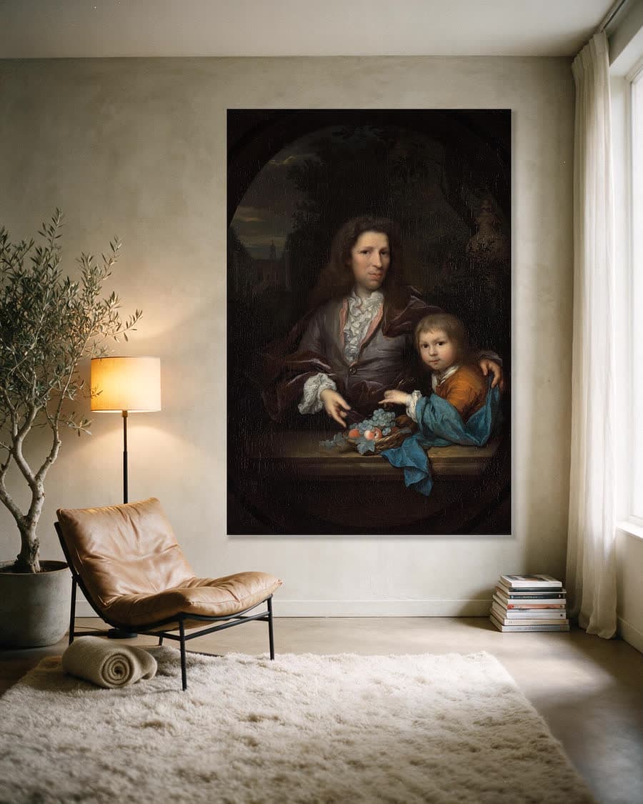 Jan van de Poll en zijn zoon Harmen Hendrick in een aluminium frame aan dezelfde muur