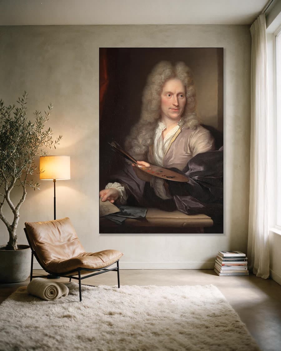Portret van Jan van Huysum in een aluminium frame aan dezelfde muur
