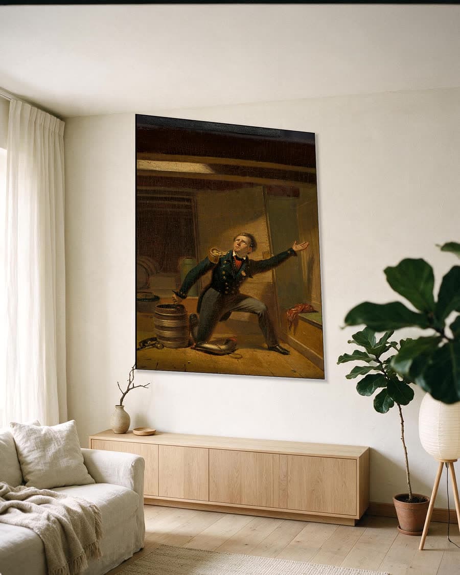 Jan van Speyk steekt de lont in het kruit, 5 februari 1831 in een aluminium frame aan dezelfde muur