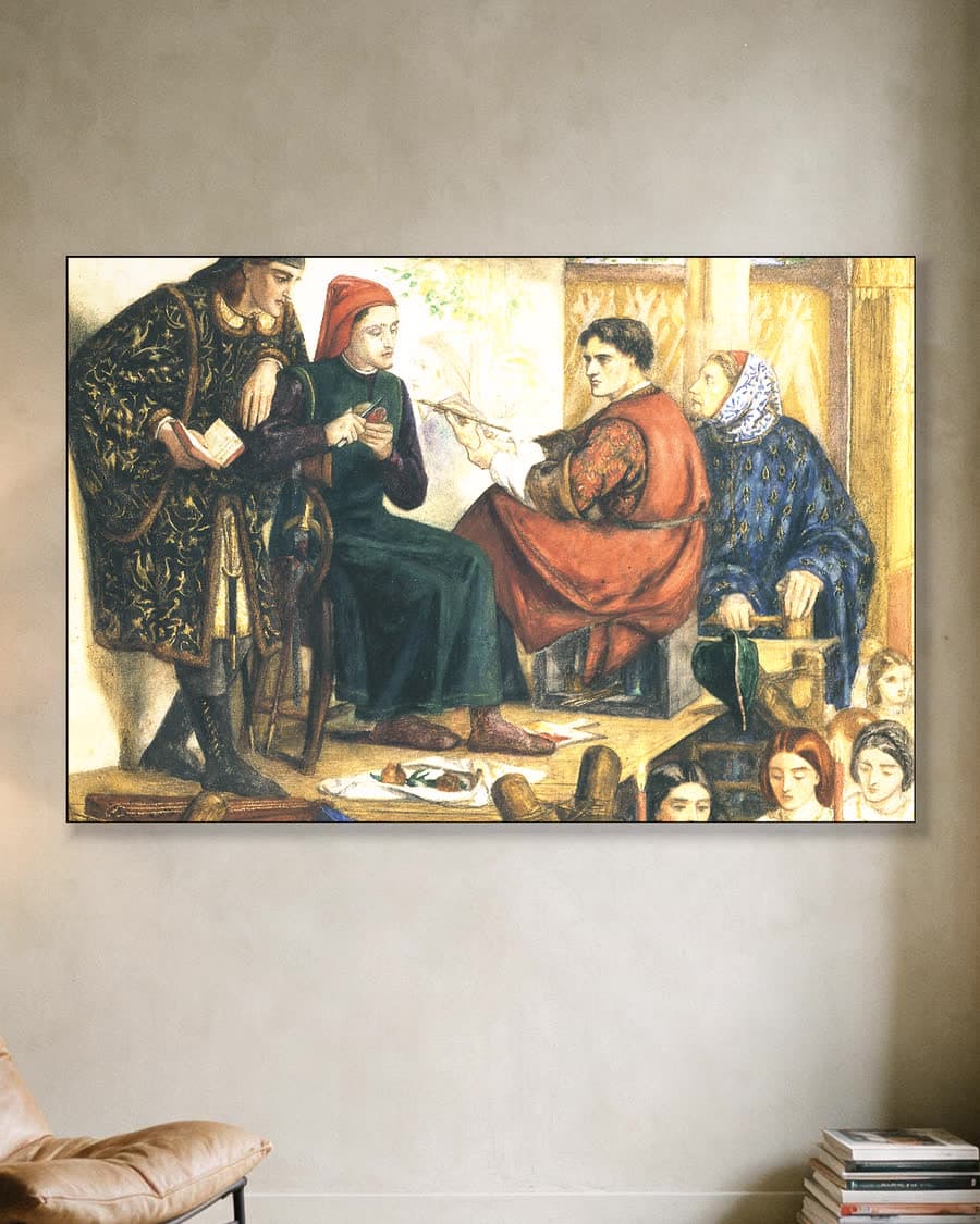 Giotto schildert het portret van Dante in een aluminium frame aan dezelfde muur