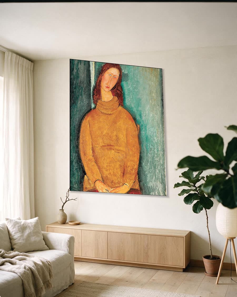 Jeanne Hébuterne in een gele trui in een aluminium frame aan dezelfde muur