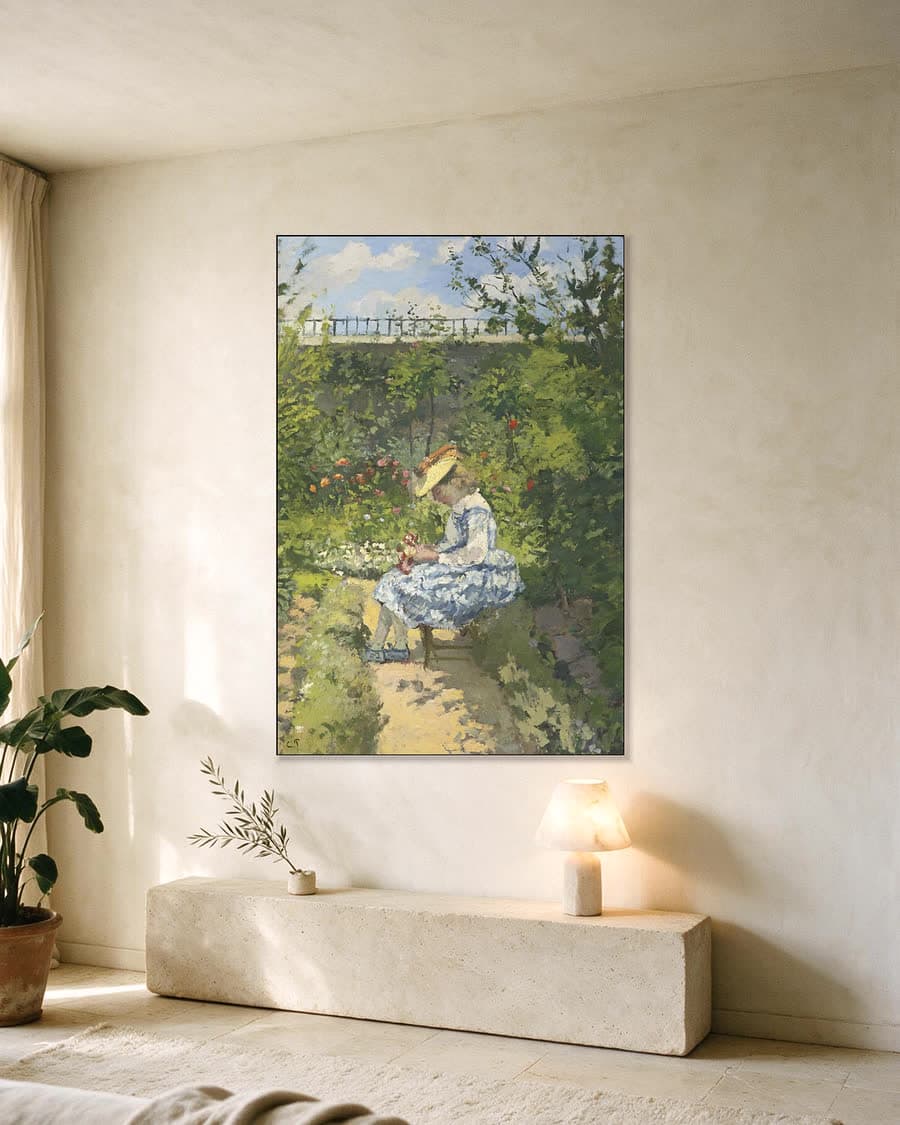 Minette in de tuin, Pontoise in een aluminium frame aan dezelfde muur