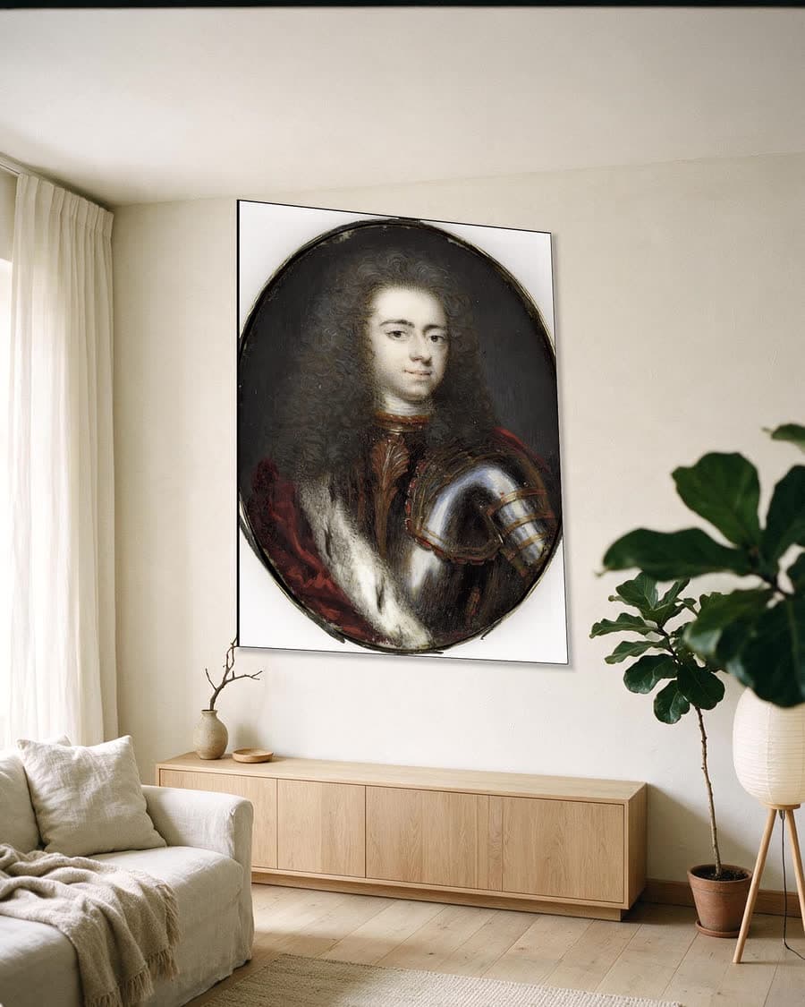 Johan Willem Friso (1687-1711), prins van Oranje-Nassau in een aluminium frame aan dezelfde muur