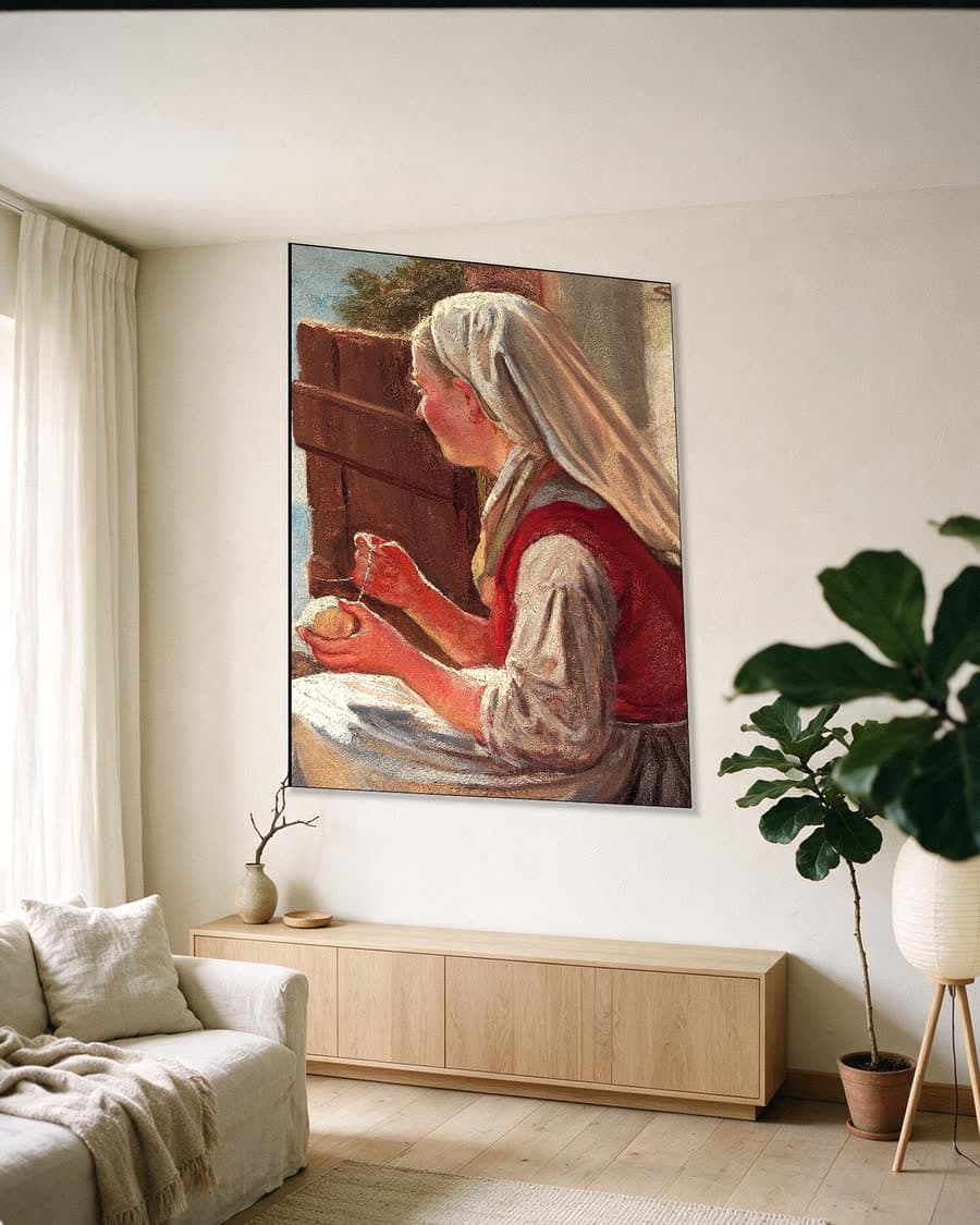 Johanne Palson, jong meisje in profiel in een aluminium frame aan dezelfde muur