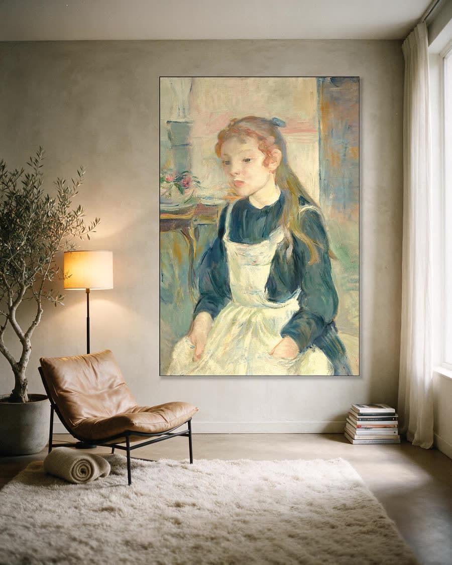 Jong meisje met schort in een aluminium frame aan dezelfde muur