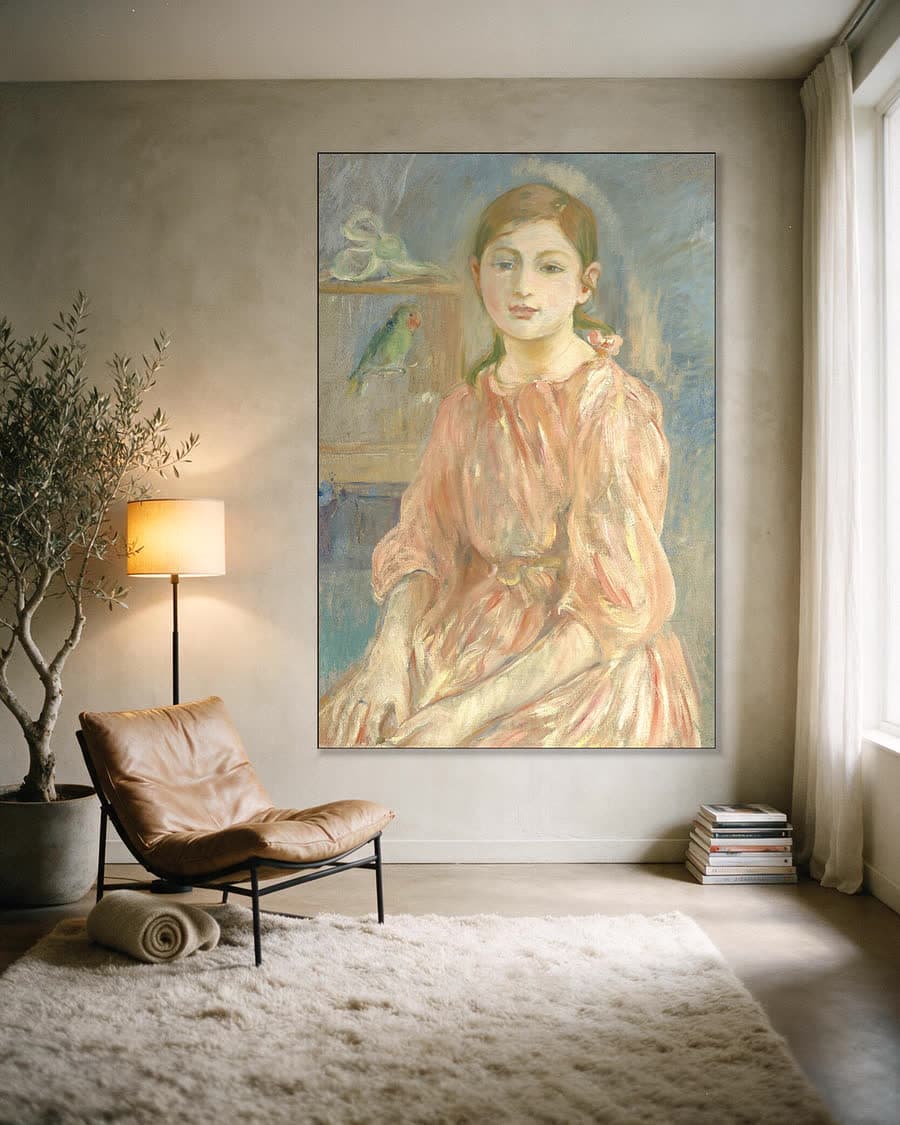 Julie Manet met de parkiet in een aluminium frame aan dezelfde muur