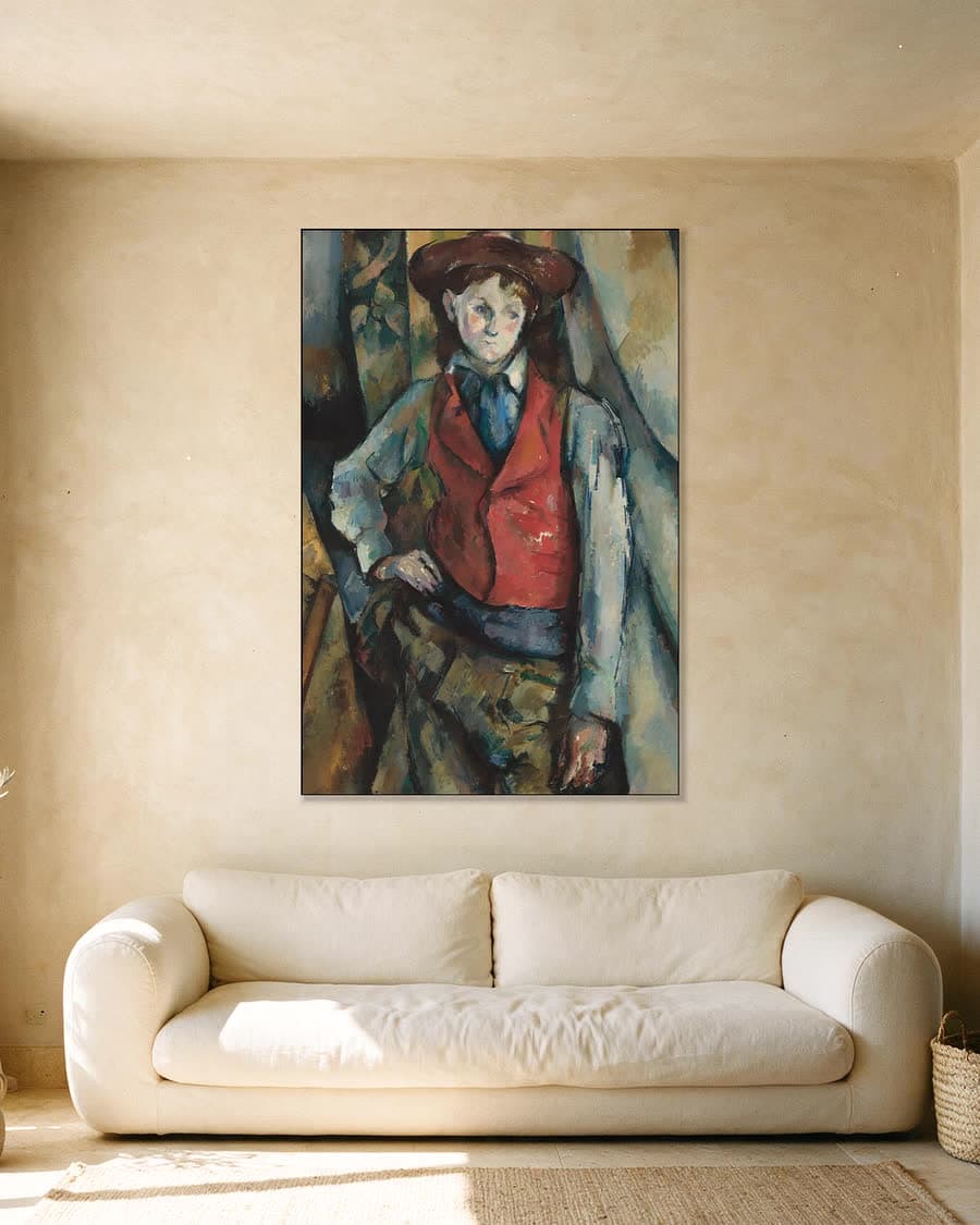 Jongen met rood vest in een aluminium frame aan dezelfde muur