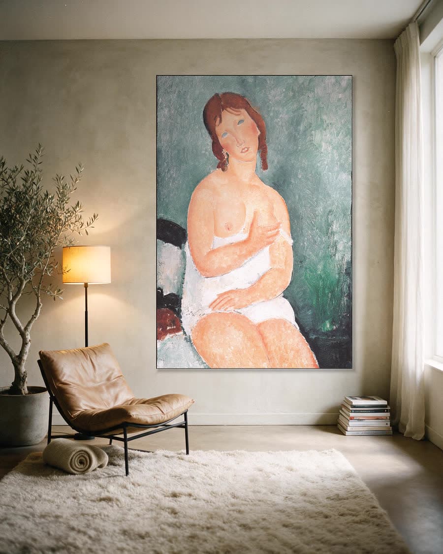 Jonge vrouw in een hemd in een aluminium frame aan dezelfde muur