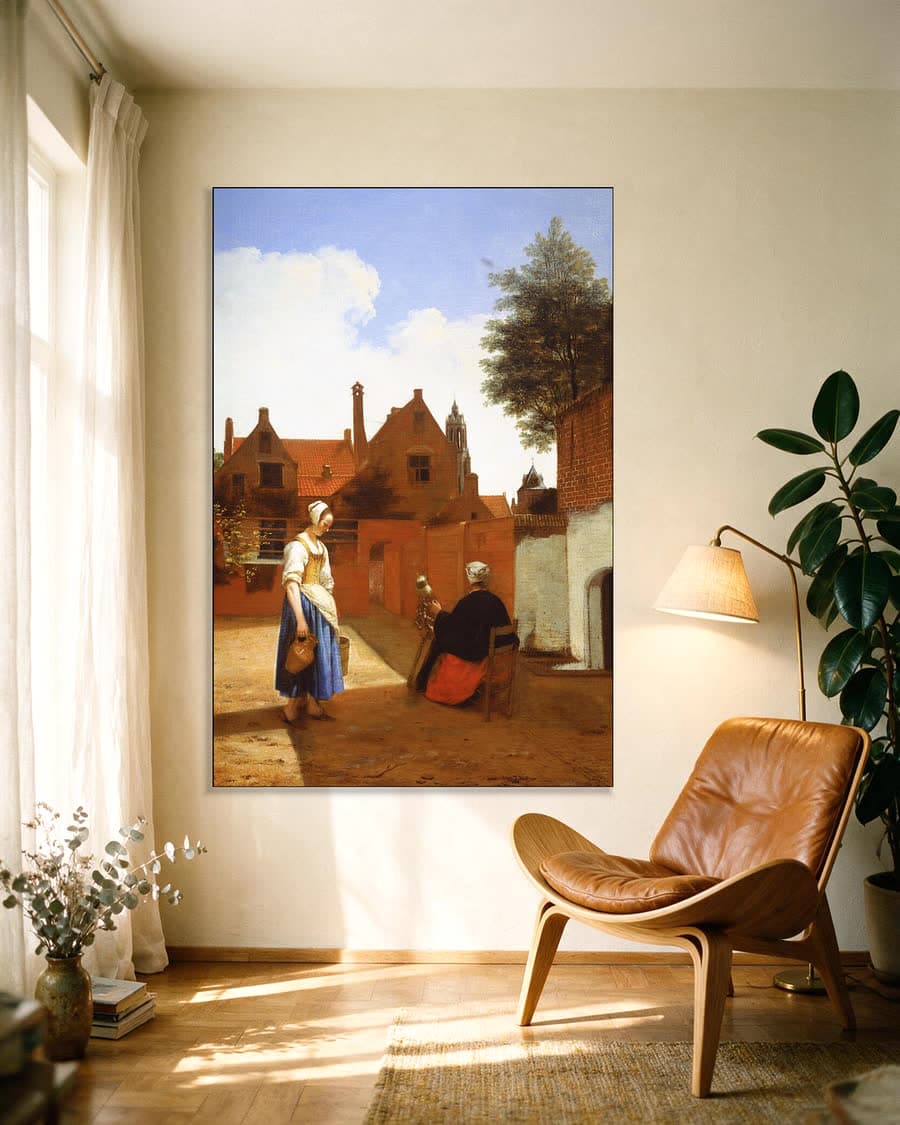 Binnenplaats in Delft bij avond, een spinster in een aluminium frame aan dezelfde muur