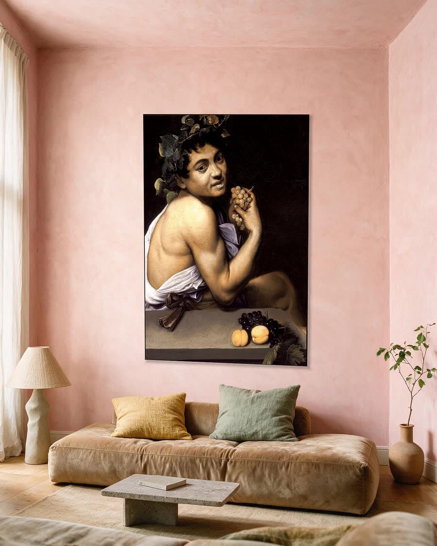 De zieke Bacchus in een aluminium frame aan dezelfde muur