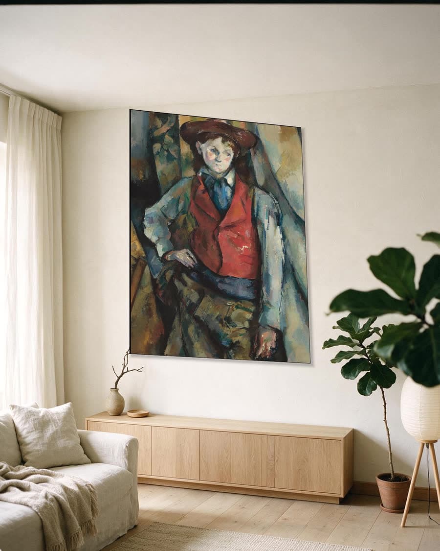 Jongen met rood vest in een aluminium frame aan dezelfde muur