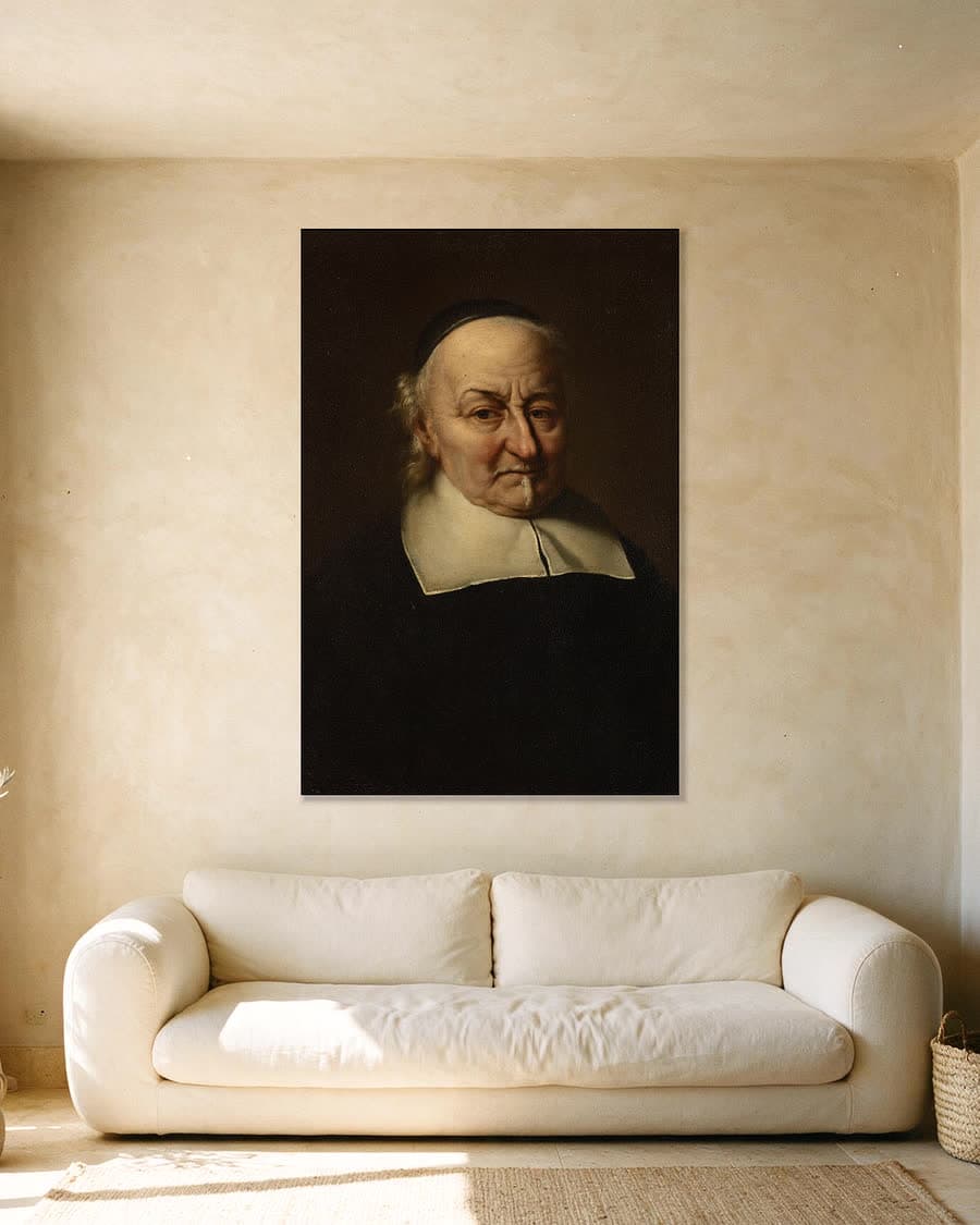 Joost van den Vondel (1587-1679), dichter in een aluminium frame aan dezelfde muur