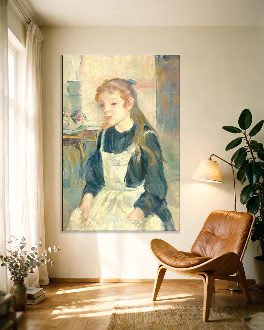 Jong meisje met schort in een aluminium frame aan dezelfde muur
