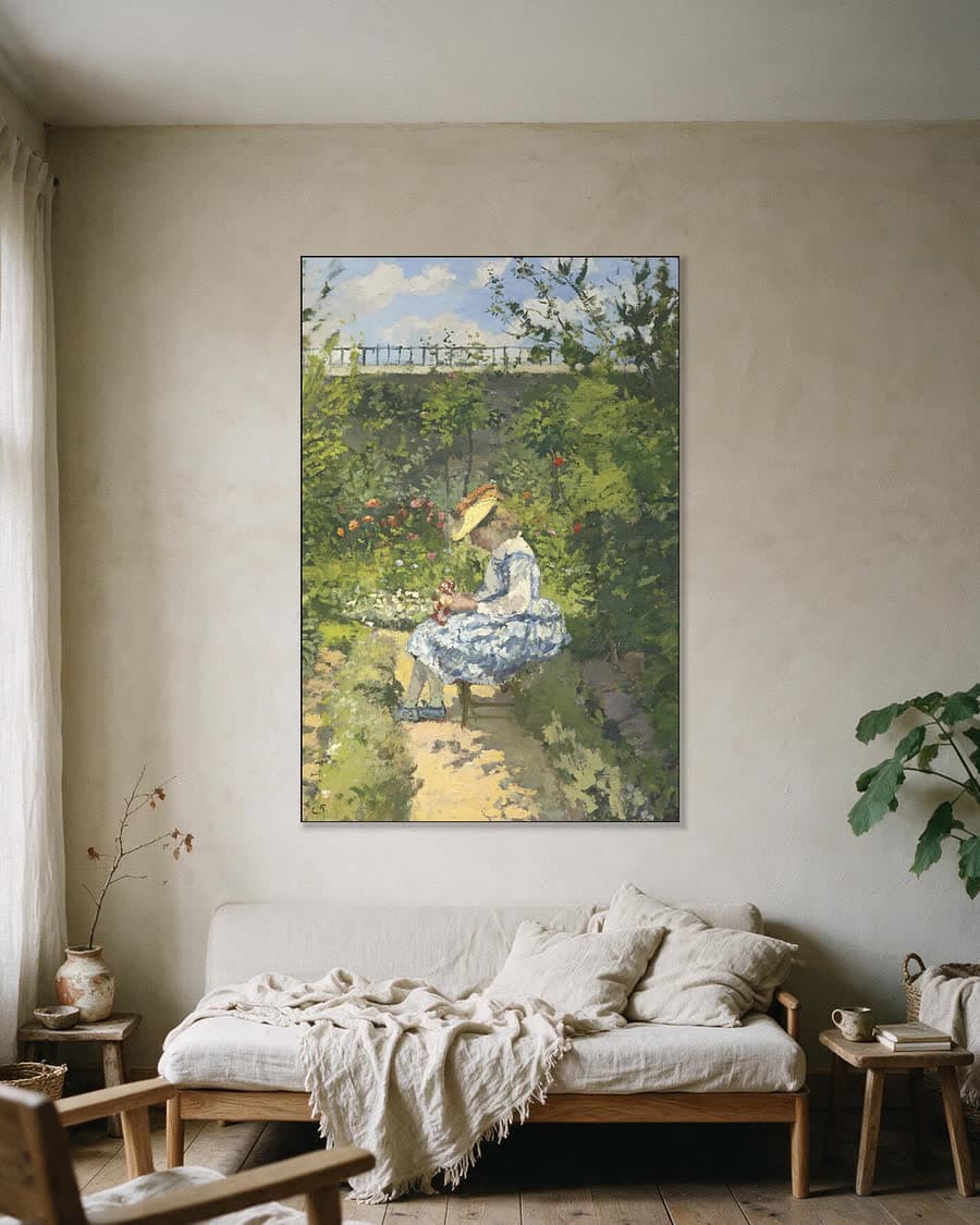 Minette in de tuin, Pontoise in een aluminium frame aan dezelfde muur