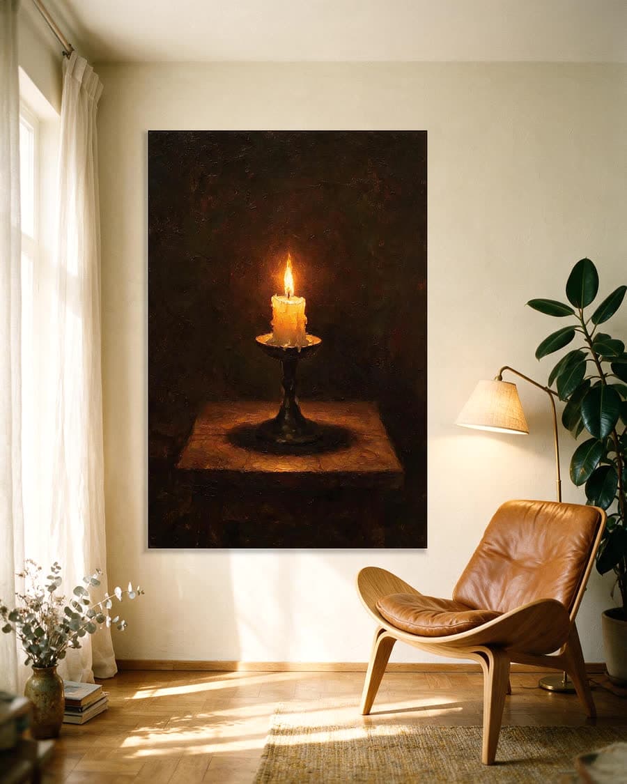 Kaars op tafel in een aluminium frame aan dezelfde muur