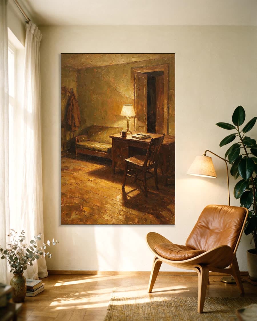 Bureau met een lamp aan in een aluminium frame aan dezelfde muur