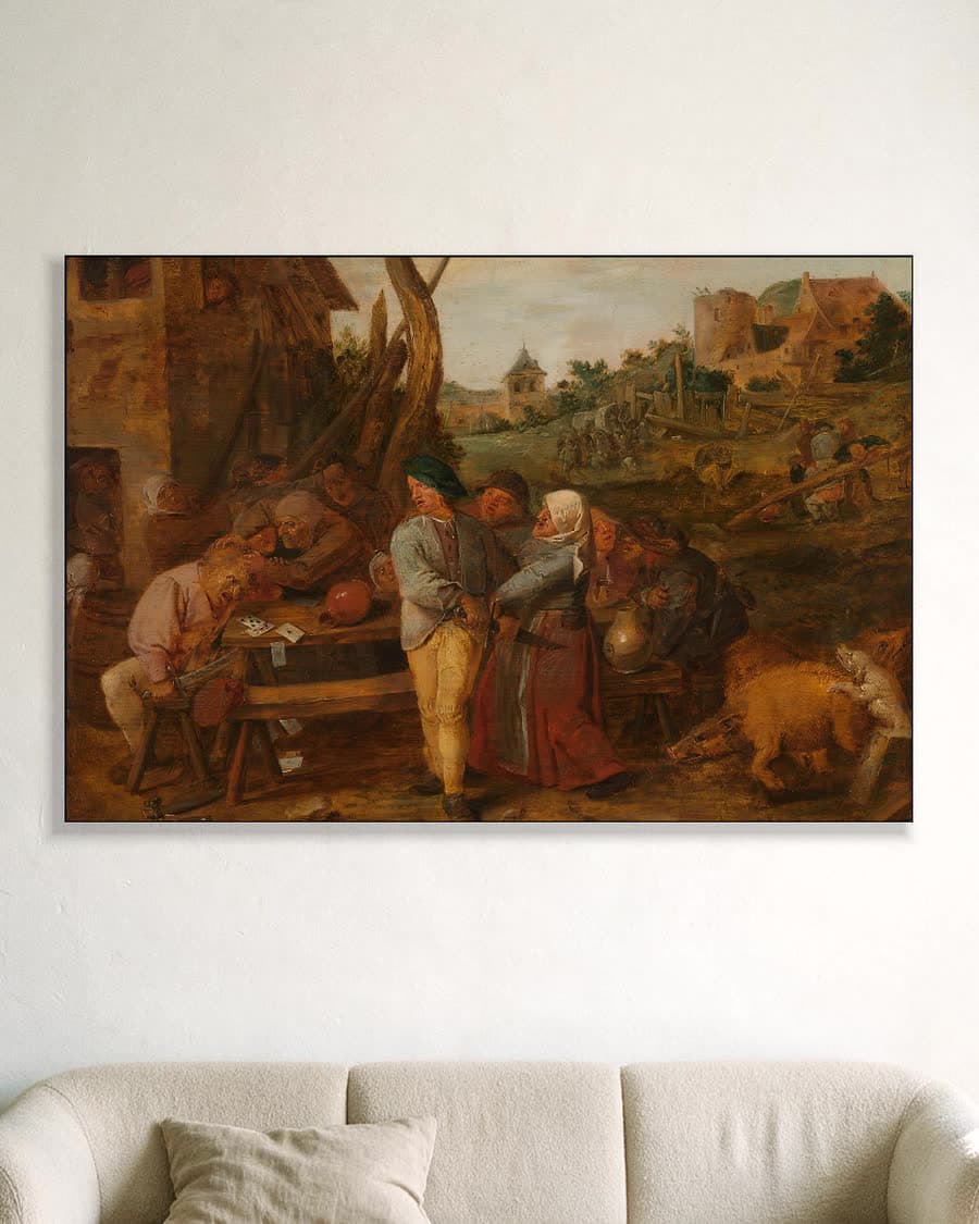 Kaartspelers in een vechtpartij bij een dorpsherberg in een aluminium frame aan dezelfde muur