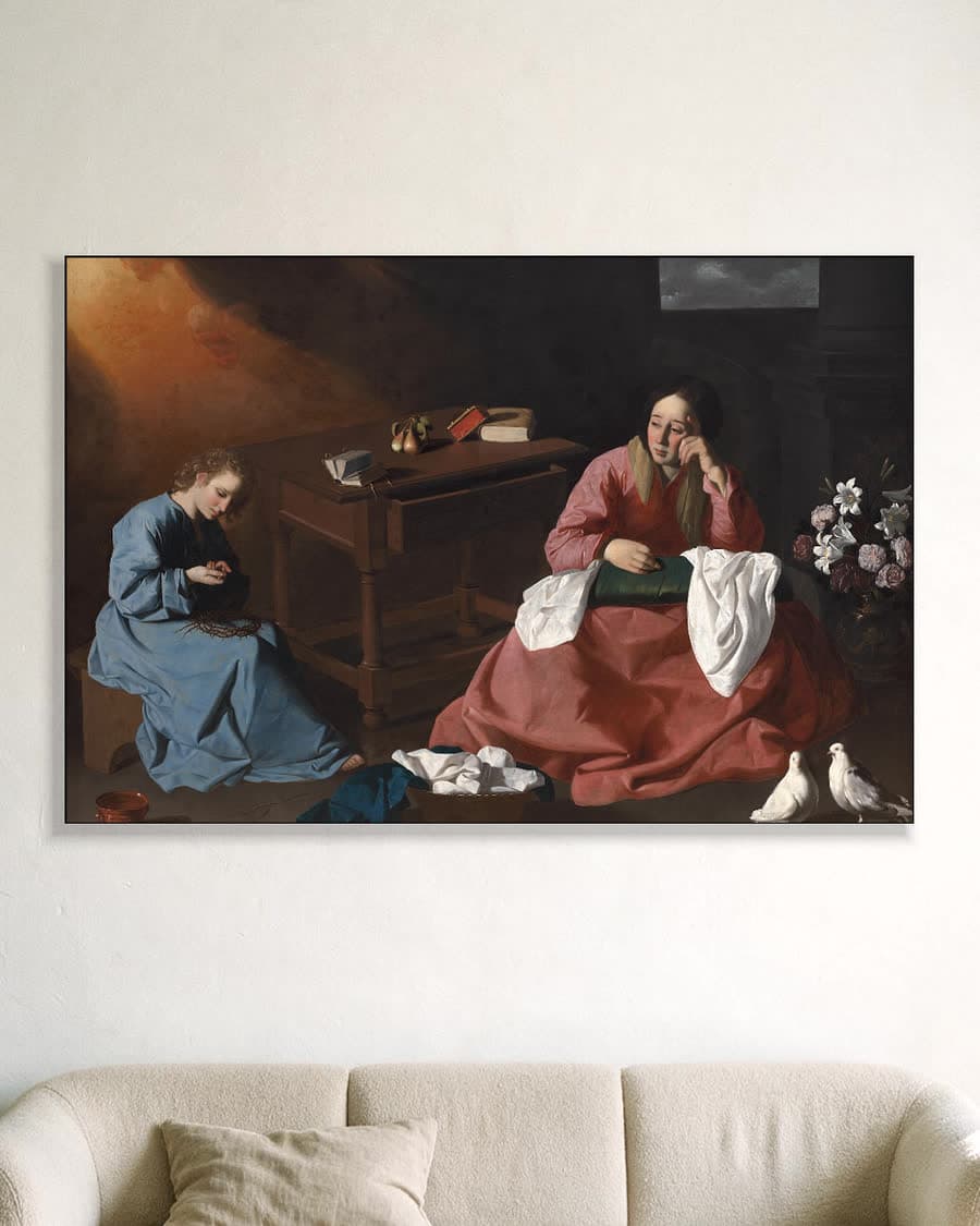 Christus en Maria in het huis te Nazareth in een aluminium frame aan dezelfde muur
