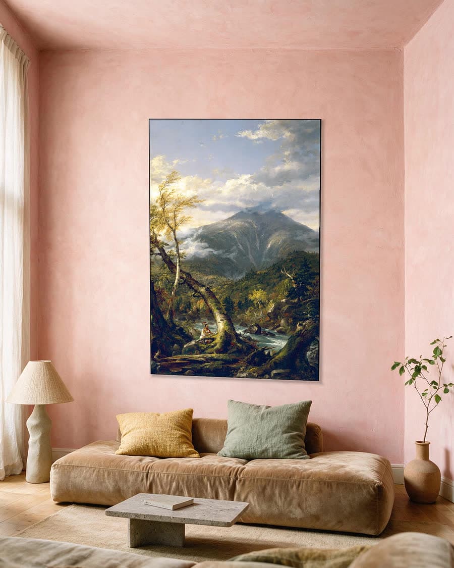 Rust aan de bergrivier in een aluminium frame aan dezelfde muur