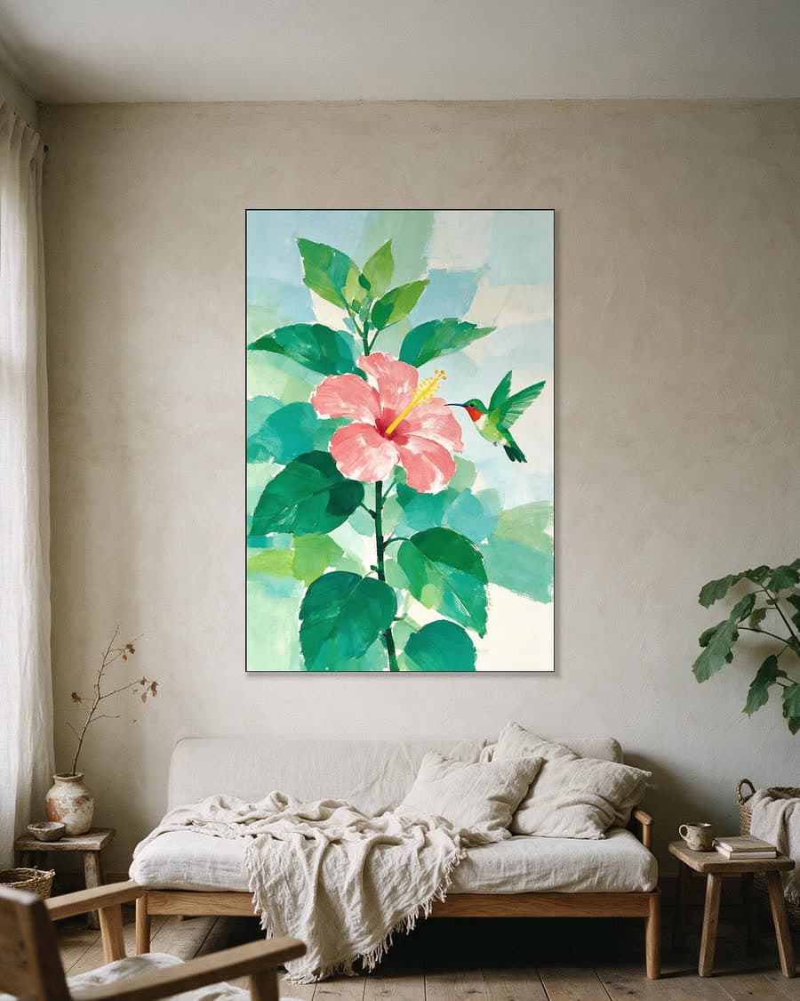 Kolibrie en hibiscus in een aluminium frame aan dezelfde muur