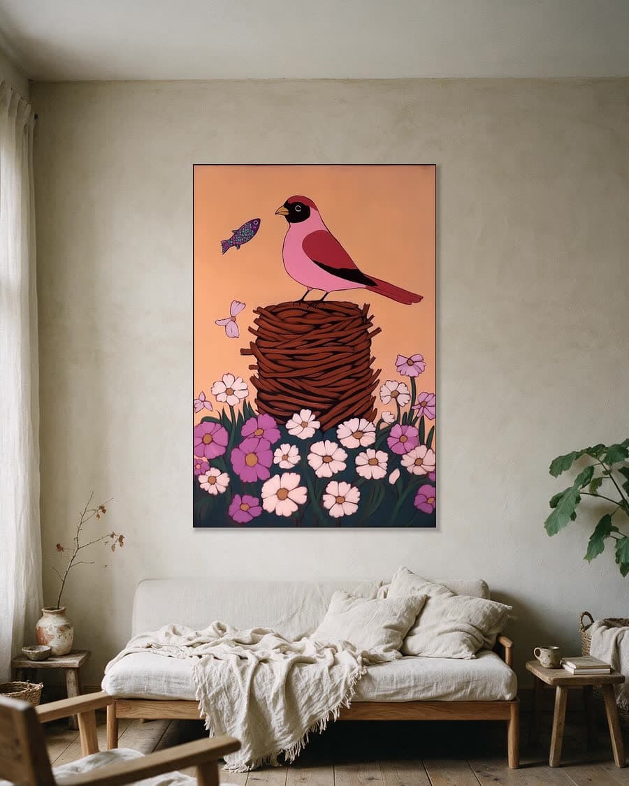 Nest boven de kosmea in een aluminium frame aan dezelfde muur