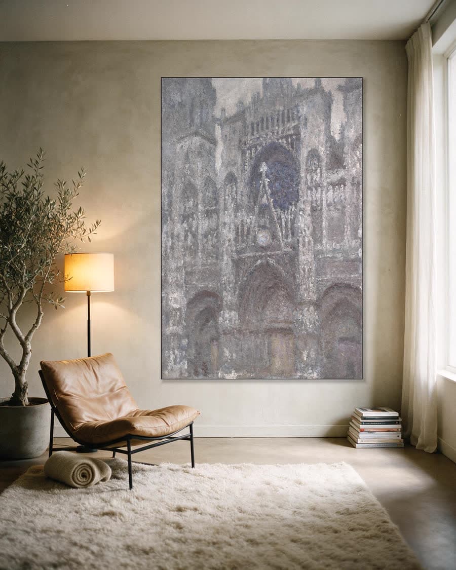 Kathedraal van Rouen: grijs weer in een aluminium frame aan dezelfde muur