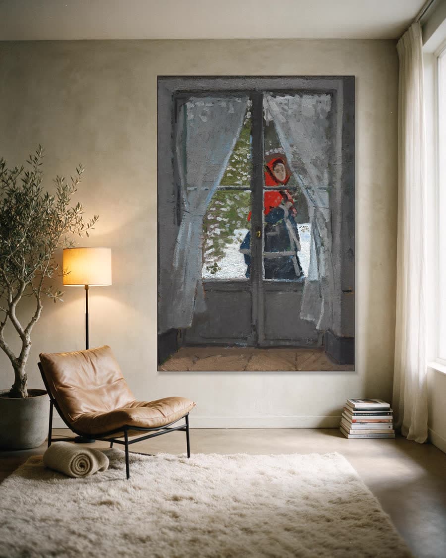 De rode hoofddoek in een aluminium frame aan dezelfde muur