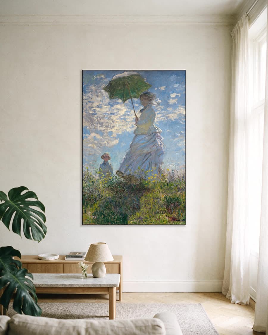 Vrouw met parasol, Madame Monet en haar zoon in een aluminium frame aan dezelfde muur