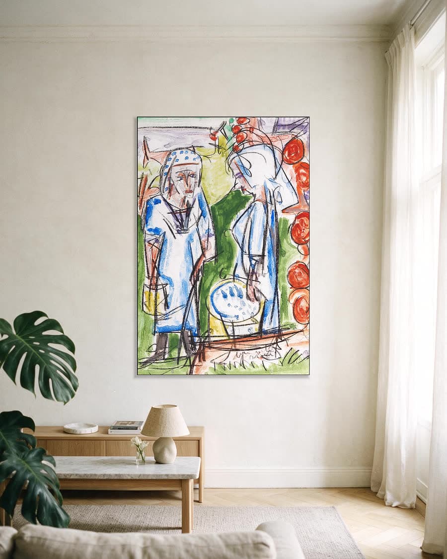 Boerinnen bij de bron op de Stafelalp in een aluminium frame aan dezelfde muur