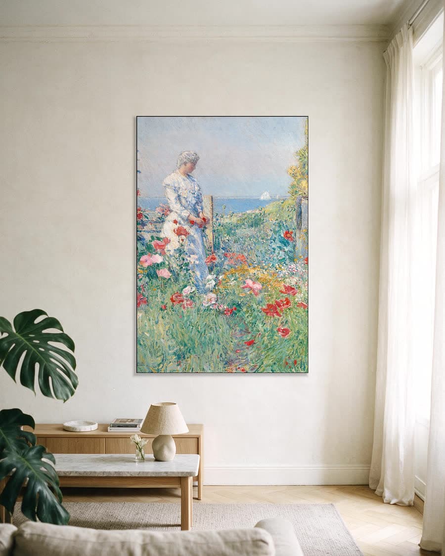 Celia Thaxter in haar tuin in een aluminium frame aan dezelfde muur