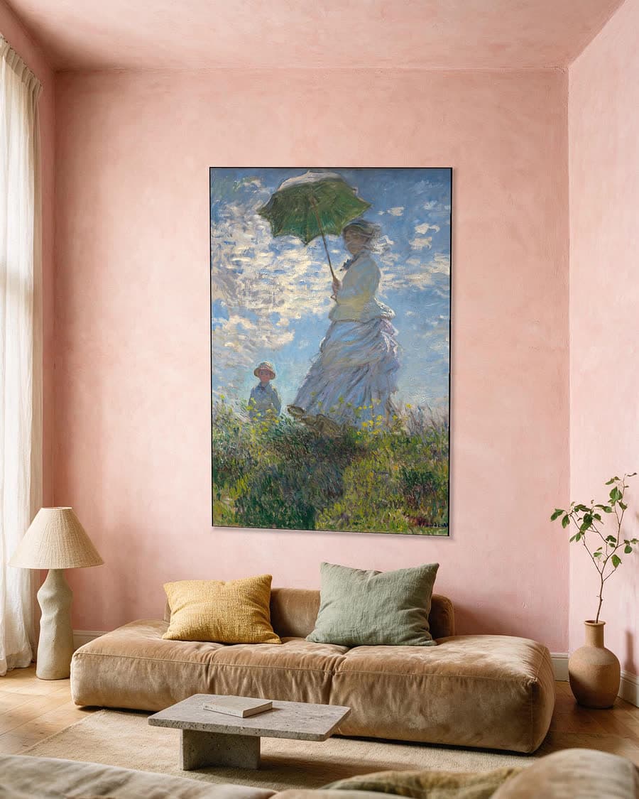 Vrouw met parasol, Madame Monet en haar zoon in een aluminium frame aan dezelfde muur