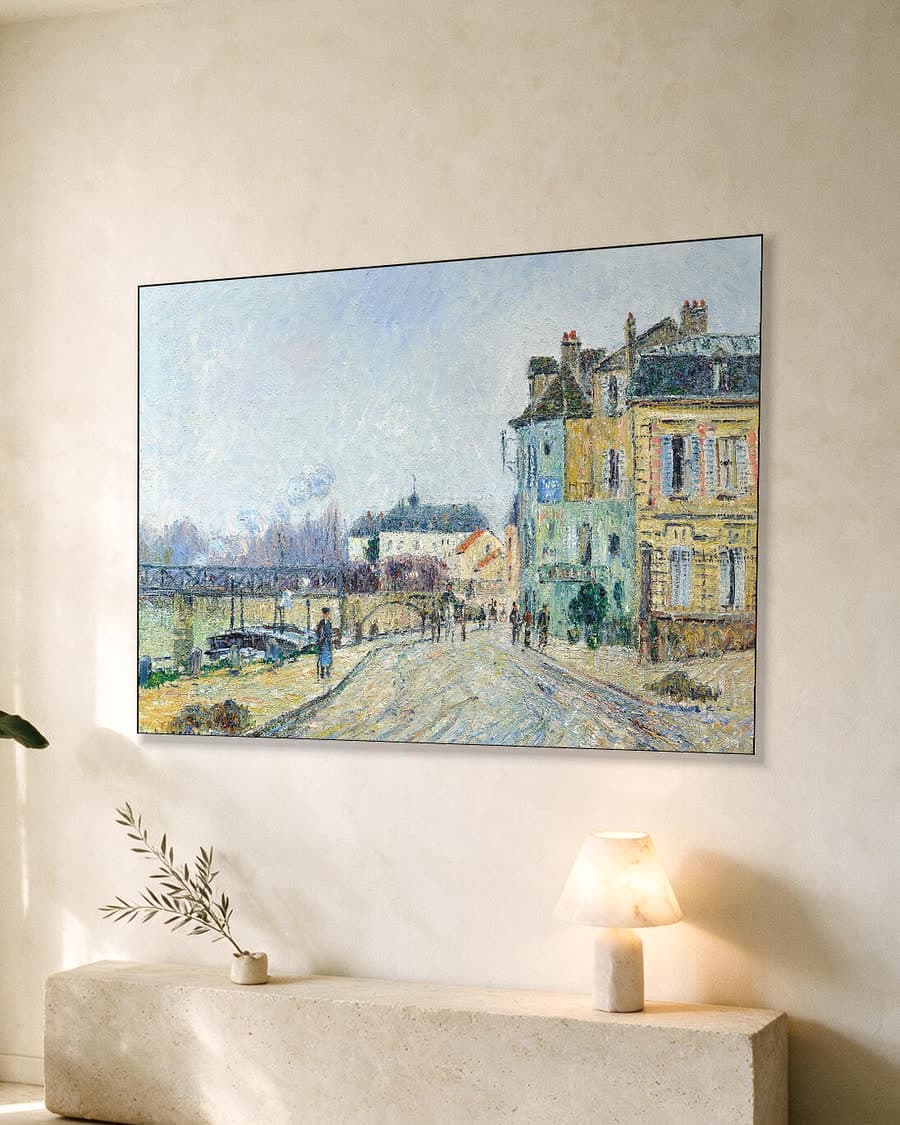 De kade van de Oise bij Pontoise in een aluminium frame aan dezelfde muur