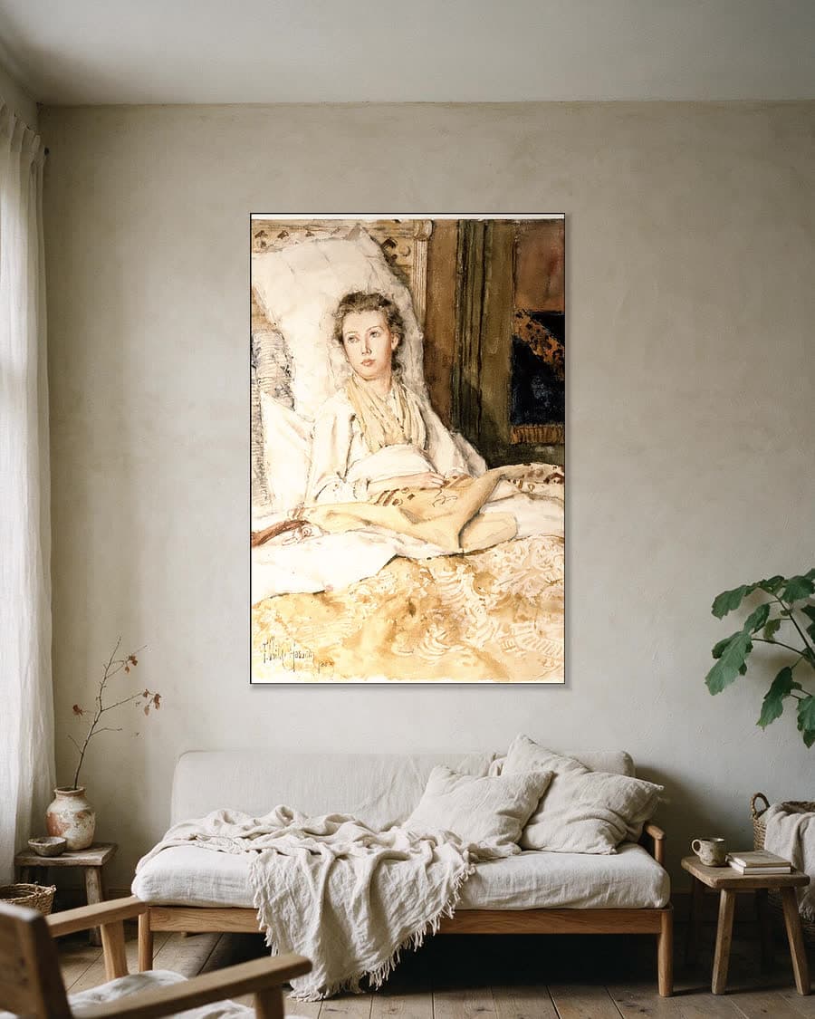 Maud aan het naaien in een aluminium frame aan dezelfde muur